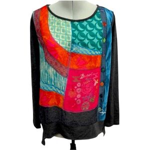 Desigual Sz L Art To Wear Colourful Long Sleeve Shark Bite Hem Shirt EUC